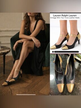 VTG 90s Lauren Ralph Lauren Black & Gold Leather Heels Ankle Strap Pointed 7.5B